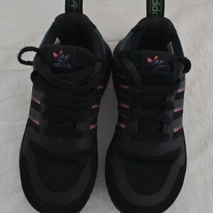 Adidas Kids Black Sneakers with Pink and Blue Details